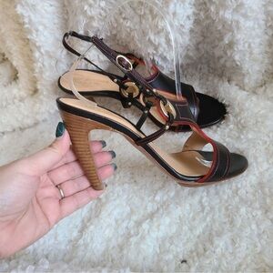 Sergio Rossi Black With Red Accents Strappy Heeled Sandals sz 37.5